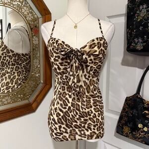 VTG Y2K Brown 100% Cotton Sheer Leopard Print Tie Front Lightweight Cami Top
